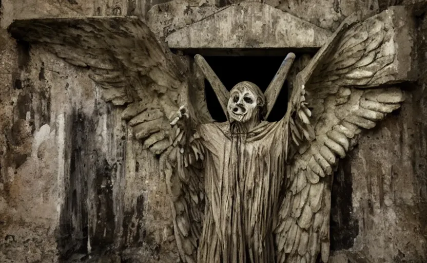 Prompt: several decrepit creepy statues of the archangel gabriel smiling, placed throughout a dark claustrophobic old sewer, realistic, underexposed photography, security camera footage, wide shot, sinister, foreboding, grainy photo