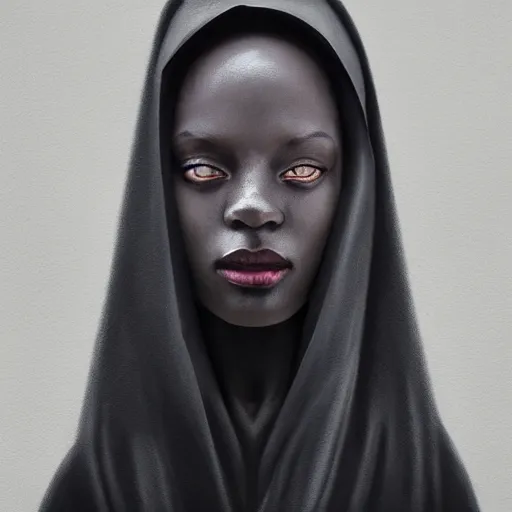 Image similar to a portrait of a young black woman wearing a long dark cloak, hood and shadows covering face, anatomically correct, beautiful perfect face, enigmatic, oil painting, matte painting, black background, Volumetric dynamic lighting, Highly Detailed, Cinematic Lighting, Unreal Engine, 8k, HD, by Beksinski