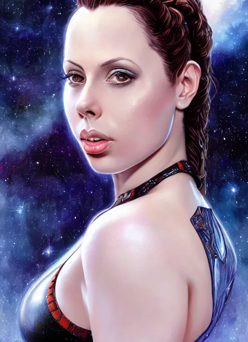 Prompt: beautiful portrait of gianna michaels and the background has a deep space painting by magali villeneuve, intricate, elegant, highly detailed, photorealistic, trending on artstation, trending on cgsociety