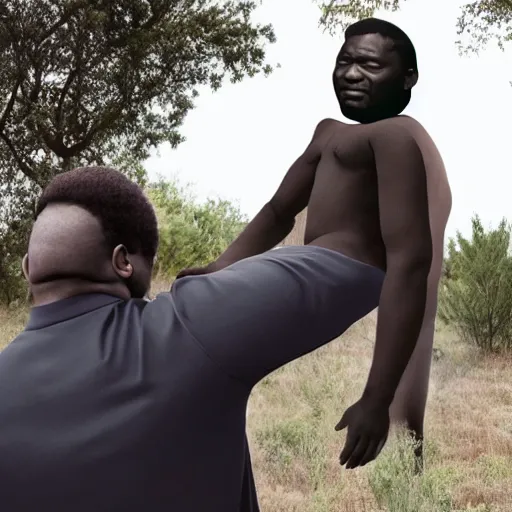 Image similar to a little black person rides on the shoulder's of a huge 7 ft tall 5 0 0 pound black man. hyperreal - h 6 4 0