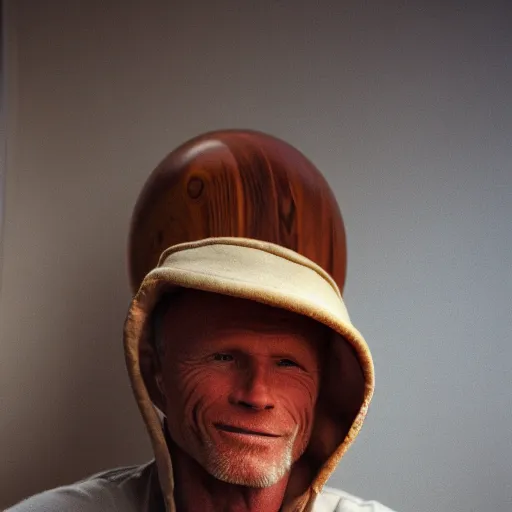 Image similar to Woodturning art representing Ed Harris, studio lighting, F 1.4 Kodak Portra