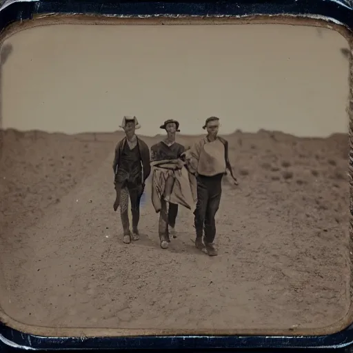 Image similar to group of worn down youths walking through nevada desert, carrying bindles, 2 0 3 7 tintype photograph