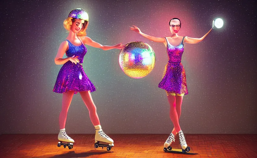 Prompt: Ultradetailed, hyperrealistic, a vintage roller skating diva wearing a disco ball skirt mirror tanktop with a disco ball head, by Vladimir kush, by josib csoor, by Laurie Lipton, rendered in octane, volumetric lighting, retro color scheme, trending on artstation -20