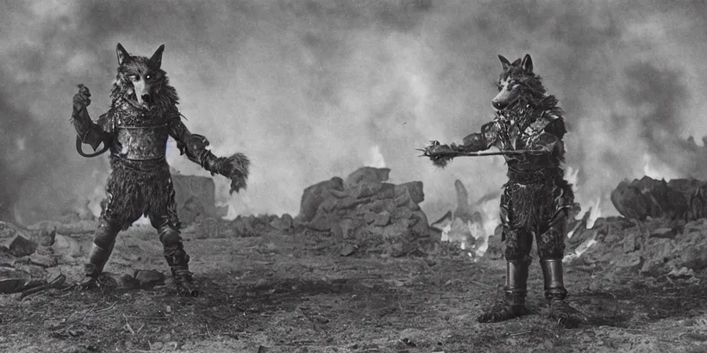 Image similar to anthropomorphic furry wolf in armor standing in front of a burning village, 1900s film scene