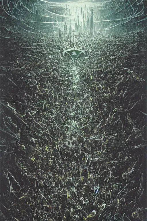 Prompt: swarm of sorrowfish lord, painted by jacek yerka and john berkey, trending on artstation, dramatic maroon and green lighting camera view from above lord of the rings, gothic, black and white, hyperrealism, halftone