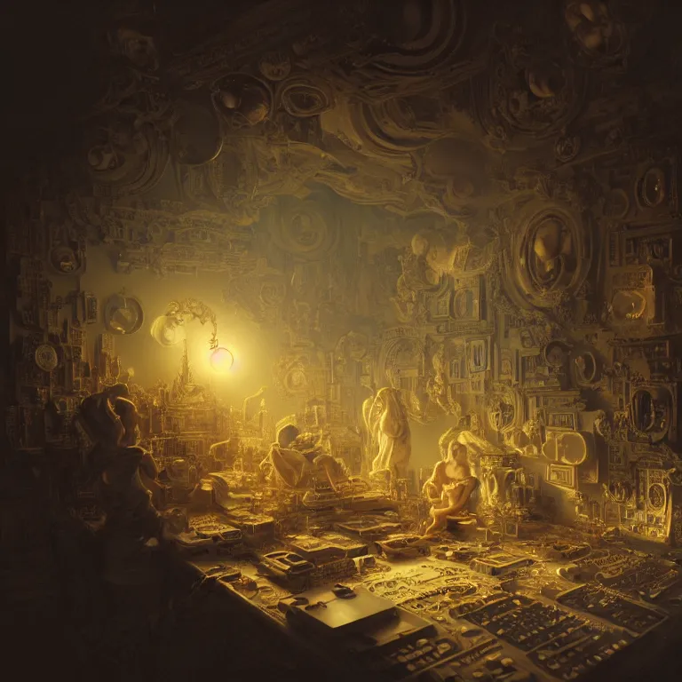 Image similar to motherboard, chip circuit, computer, dream - like atmosphere, baroque landscape painting, perfect composition, beautiful detailed intricate insanely detailed octane render trending on artstation, 8 k artistic photography, photorealistic, soft natural volumetric cinematic perfect light, chiaroscuro, award - winning photograph, masterpiece, raphael, caravaggio, greg rutkowski, beeple