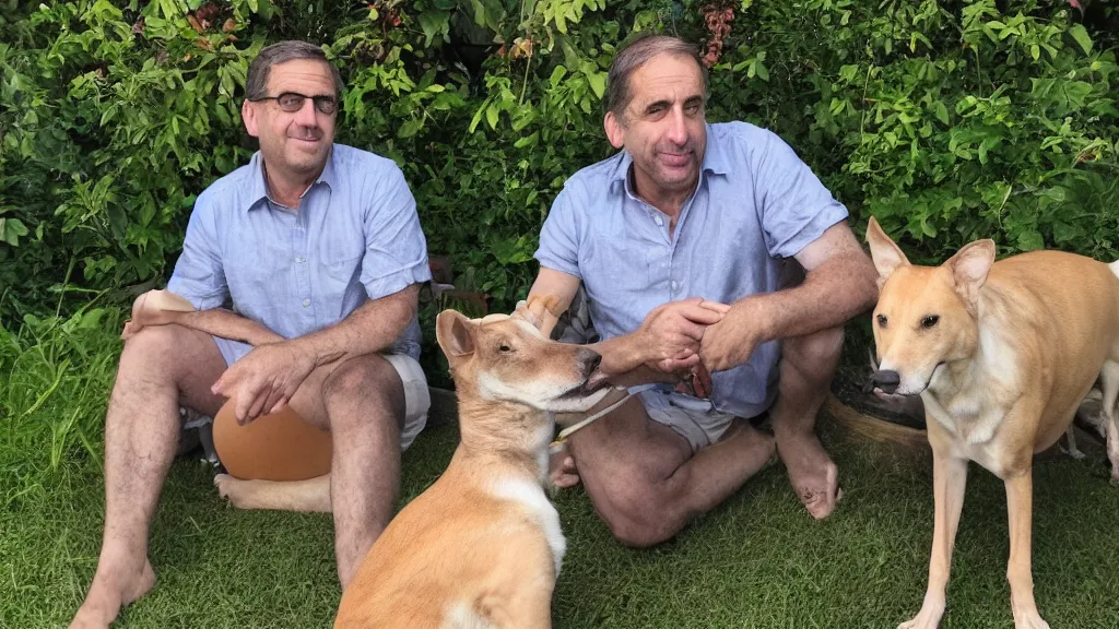 Image similar to My dad Steve just took a hit from the bongo and have good time being gracefully relaxed in the garden, sunset lighting. My second name is Carell. My dad second name is Carell. Im the dog and Steve Carell is my dad. Detailed face