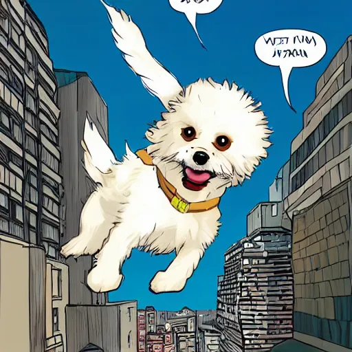 Image similar to cream colored havanese dog dressed as a super hero, jumping off a rooftop, sideways wide shot, highly coherent, saga comic, graphic novel, fiona staples