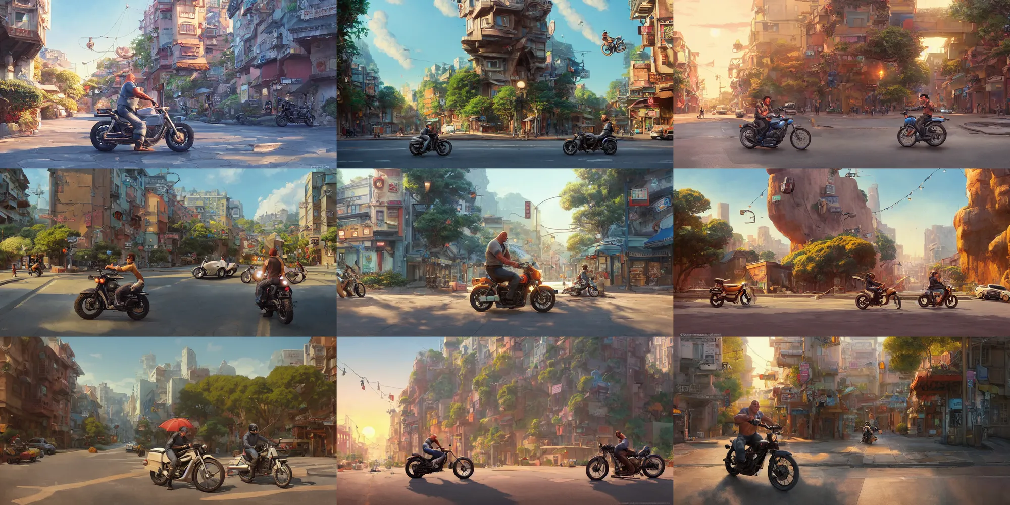 Prompt: a wholesome urban illustration of a happy cartoon Dwayne Johnson riding his motorcycle through the charming city, studio Ghibli, Pixar and Disney animation, sharp, Rendered in Redshift and Unreal Engine 5 by Greg Rutkowski, Bloom, dramatic lighting, sunrise