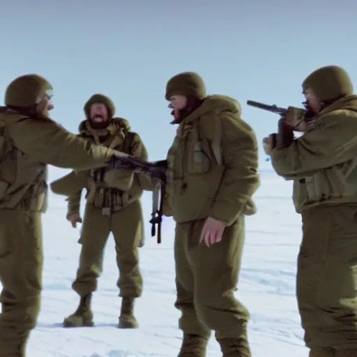 Image similar to filmic extreme close up shot movie still 4 k uhd interior 3 5 mm film color photograph of six soldiers arguing and yelling and pointing in a lab in antartica