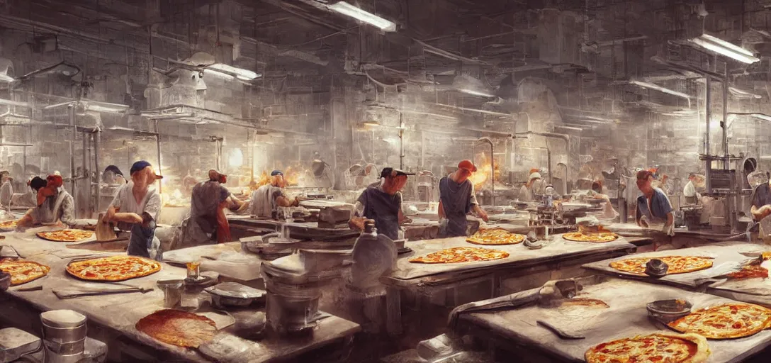 Prompt: a factory making pizza, workers on an assembly line, 8k, james gurney, greg rutkowski, john howe, artstation