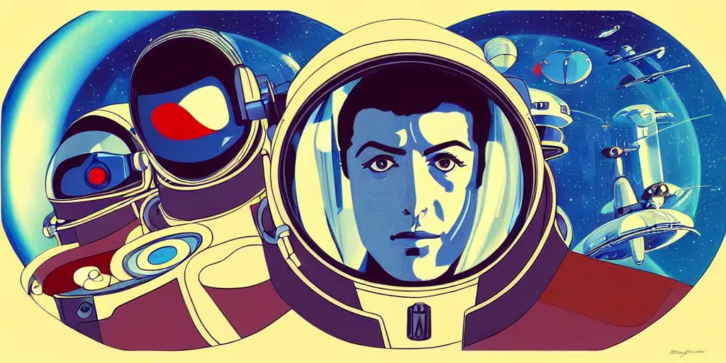 Image similar to traditional drawn colorful animation a symmetrical portrait of Alain Delon Stallone pilot in posing in spaceship station planet captain bridge, сomet tail, outer worlds, robots, extraterrestrial hyper contrast well drawn in Jean Henri Gaston Giraud animation film The Masters of Time FANTASTIC PLANET La planète sauvage animation by René Laloux