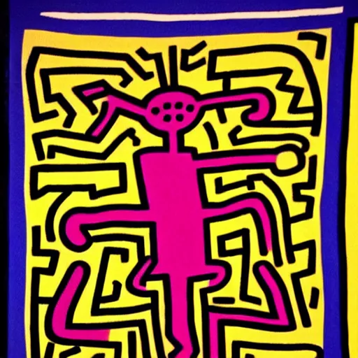 Prompt: A beautiful performance art. Even in the darkness, his smile threw shadows. by Keith Haring brash