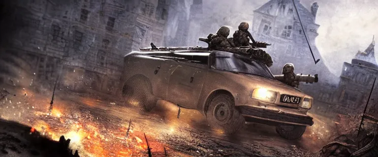 Image similar to Armored and Armed Military Audi 80 B3 Avant (1988) with a mounted M249 with soldiers on, Dark Souls 3, Eldritch Horrors, Wretched and Corrupted Knights, Battle, Fight, gunshots fired, a grim fantasy, Anor Londo, dramatic lighting, cinematic, establishing shot, extremely high detail, photorealistic, cinematic lighting, artstation, by simon stalenhag