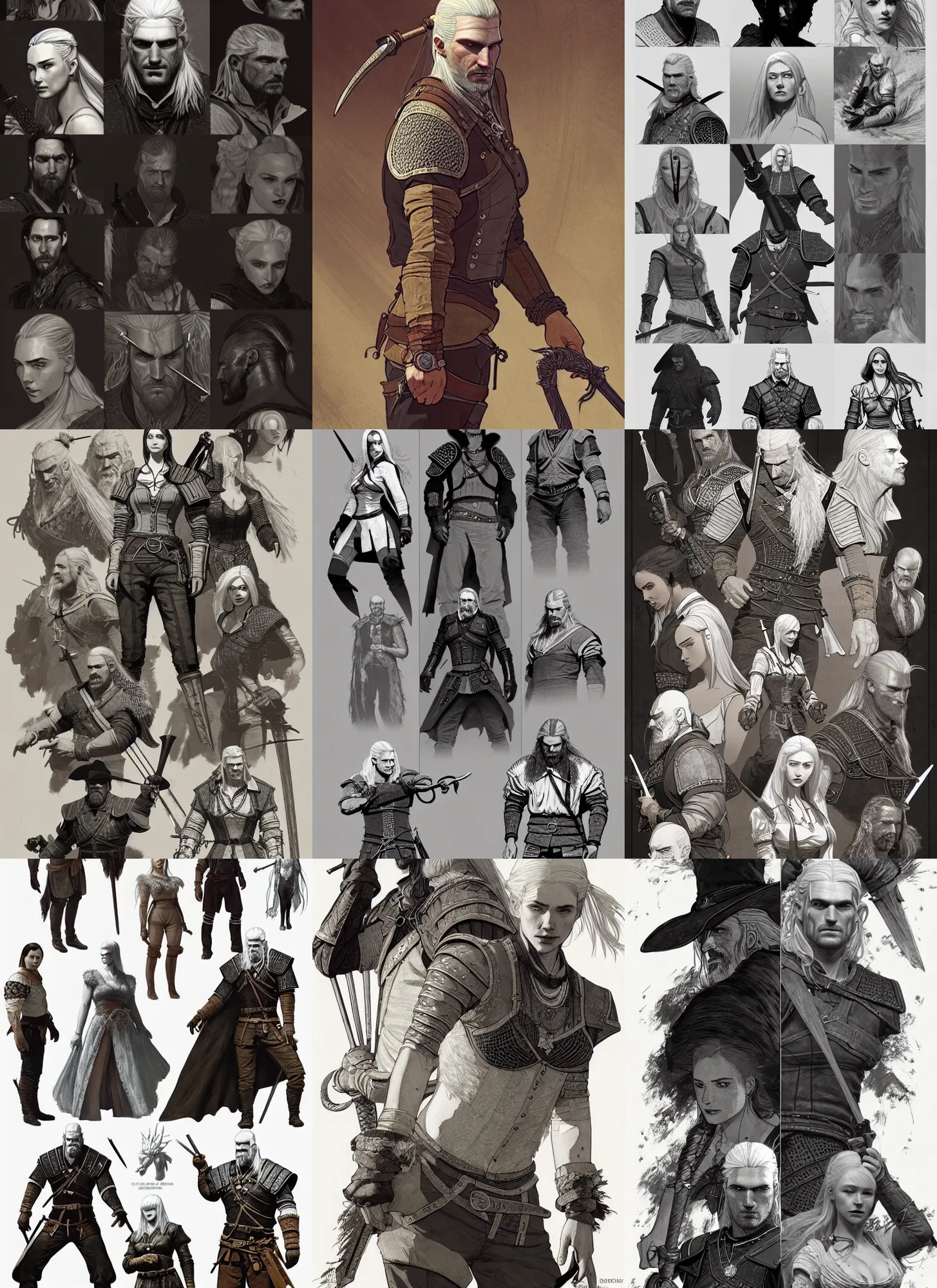 Prompt: detailed pencil spot illustrations of various character concepts from the witcher series and westworld crossover, various poses, by burne hogarth, by bridgeman, by anthony ryder, by yoshitaka amano, by ruan jia, by conrad roset, by mucha, cgsociety, artstation.