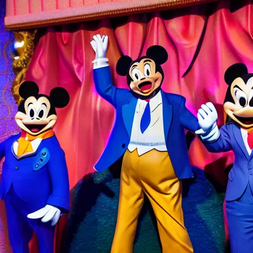 Image similar to three puppets inside the its a small world ride at disneyland that look like donald trump and greg abbott and ron desantis, highly detailed, high definition, ultra realistic