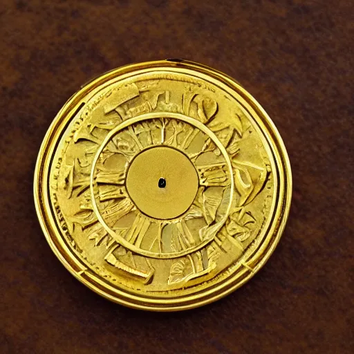 Image similar to a gold coin with a clock face printed on it, complex, high detail, close up