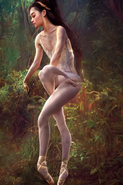 Prompt: stunningly beautiful, filipina prima ballerina in jungle, symmetrical face, golden hour, smooth, focus, highly detailed, hyper realistic, dramatic lighting, elegant, intricate, concept art, art by wlop, mars ravelo, greg rutowski, artstation