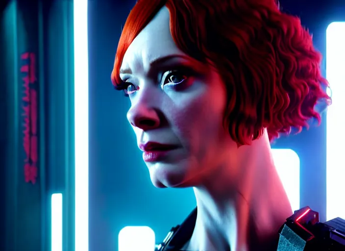 Image similar to filmstill christina hendricks cyberpunk 2 0 7 7, 1 0 0 mm lens, canon eos, red cinema camera, frontal view, dynamic pose, intricate, elegant, highly detailed, centered, redshift, octane, smooth, sharp focus, zeiss lens,