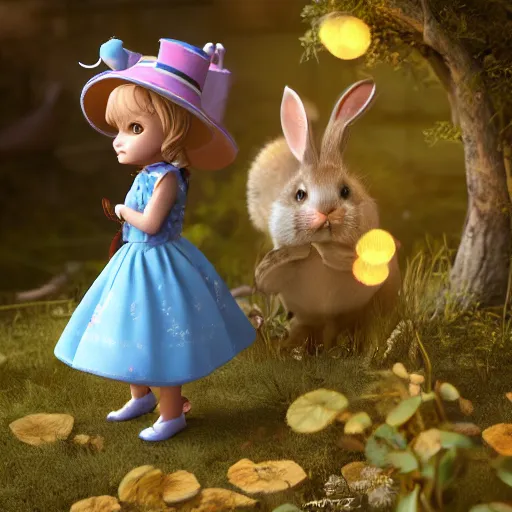 Image similar to rabbit checking pocket watch doll figurine, alice in wonderland theme, octane render 8 k, disney inspired landscape, artstation, cinematic lighting, hd, ultra realistic
