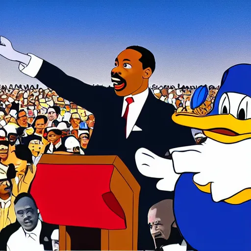 Prompt: martin luther king jr. and donald duck giving a speech in front of a huge audience, in a park. digital art