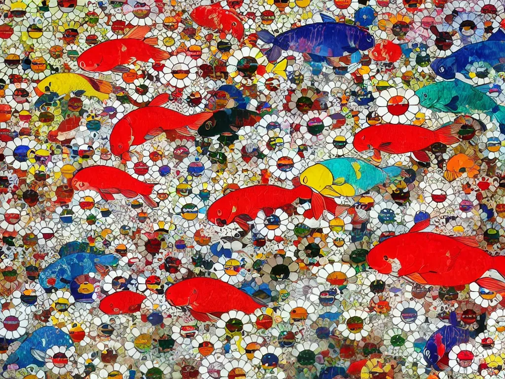 Image similar to colorful koi carp collage by takashi murakami, illustration, concept art, colorful, beautiful, studio ghibli, aoshima chiho, manga, cute and adorable