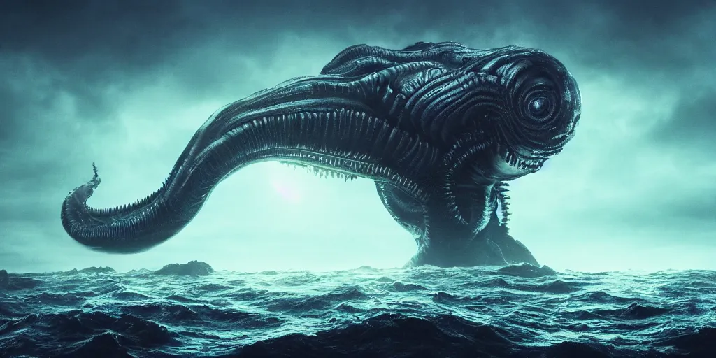 Image similar to gargantuan lovecraftian alien in the dark, timid, humidly horrific sky, floating atop a tumultuous ocean, dark blue atmosphere, vignette, beautiful lighting, shot by h. r. giger, trending on artstation, cgsociety contest winner, 4 k, 8 k