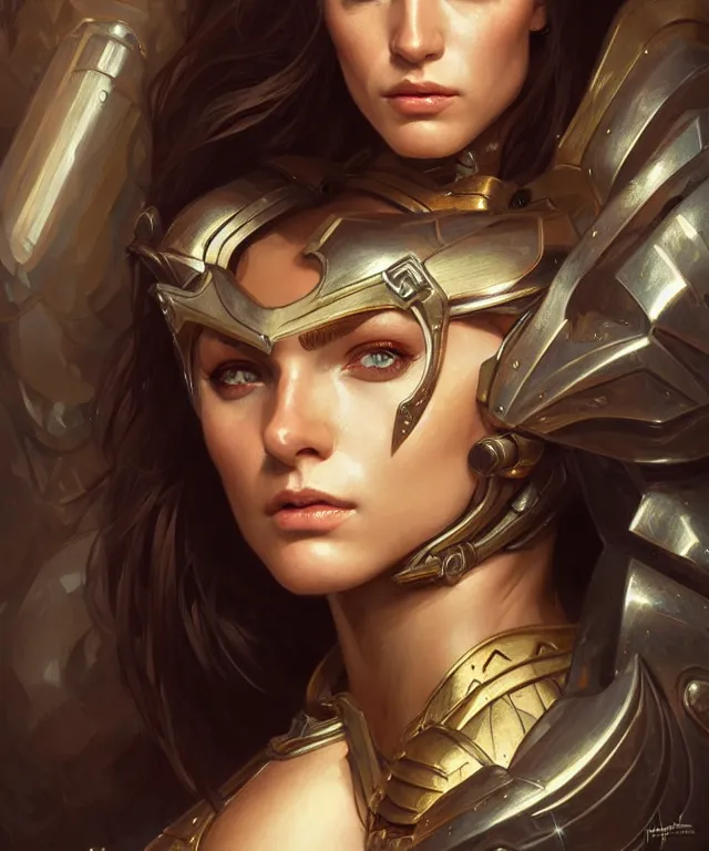 Prompt: Muscular and powerful medieval knight woman portrait full face, sci-fi, amber eyes, face, long hair, fantasy, intricate, elegant, highly detailed, digital painting, artstation, concept art, smooth, sharp focus, illustration, art by artgerm and greg rutkowski and alphonse mucha