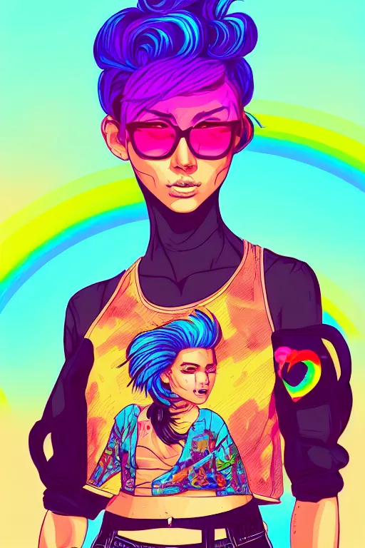 Image similar to a award winning half body portrait of a beautiful woman with stunning eyes in a printed croptop and cargo pants with rainbow colored ombre hairstyle head in motion and hair flying by josan gonzales, outrun, vaporware, shaded flat illustration, digital art, trending on artstation, highly detailed, fine detail, intricate