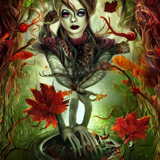 Prompt: Hell and heaven, captured in bottles, a heart full of envy, The Autumn Plague Gardener, the theme of Alice in Wonderland, digital painting, its softness partakes of fluidity, illustration, deep dark, artstation, intricate, biodiversity in a world of change and constancy, ue5, by deiv calviz and bossmonsterbani