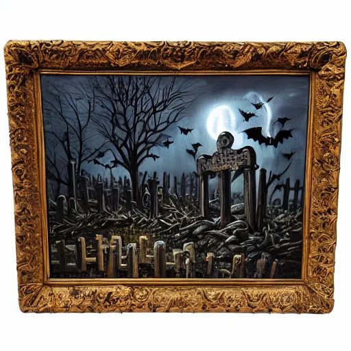 Prompt: oil painting graveyard tombstones, bats, halloween scene, scary, zombie apocalypse, high detail, dark scene