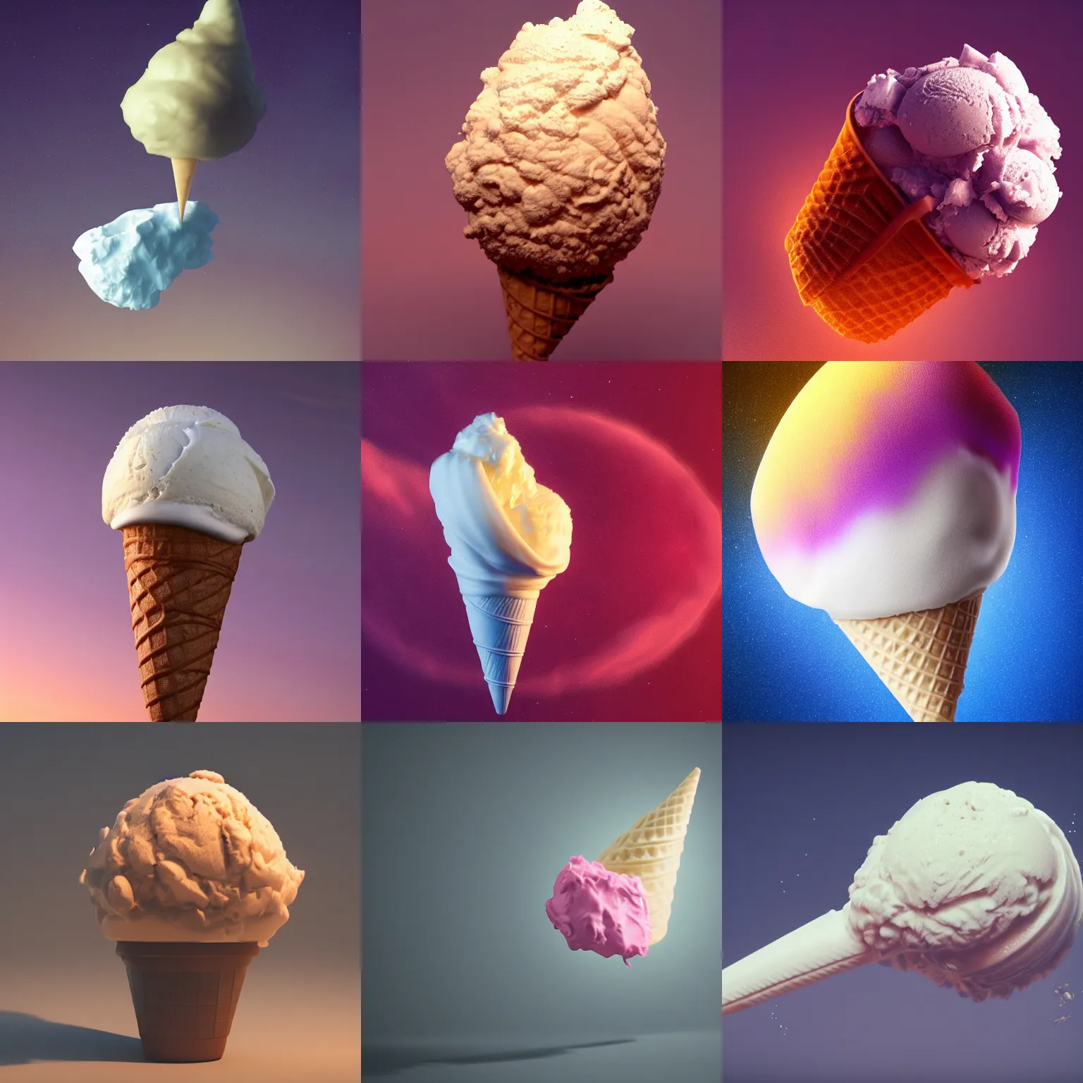 Prompt: dramatic render of a nebulous ice cream cone radiating with flavor, cgsociety, artstation, 4 k