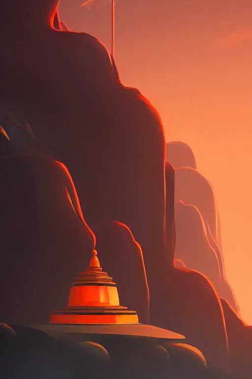 Prompt: tibetan stupa glowing orange in canyon, geometric lines in the sky, floating planets, dramatic lighting, artstation, matte painting, ralph mcquarrie, simon stalenhag