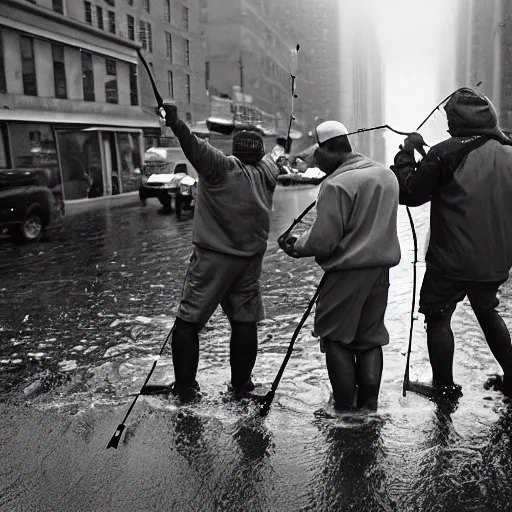 Image similar to closeup portrait of a group of fishermen trying to fish with fishing rods in between car traffic in rainy new york street, by David Lazar, natural light, detailed face, CANON Eos C300, ƒ1.8, 35mm, 8K, medium-format print