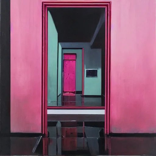 Prompt: diego dayer, hyperrealistic surrealism, award winning masterpiece with incredible details, a surreal vaporwave painting of bright pink door leading to nowhere, mirrors everywhere, highly detailed, hallway with black and white checkered floor, intricate, elegant