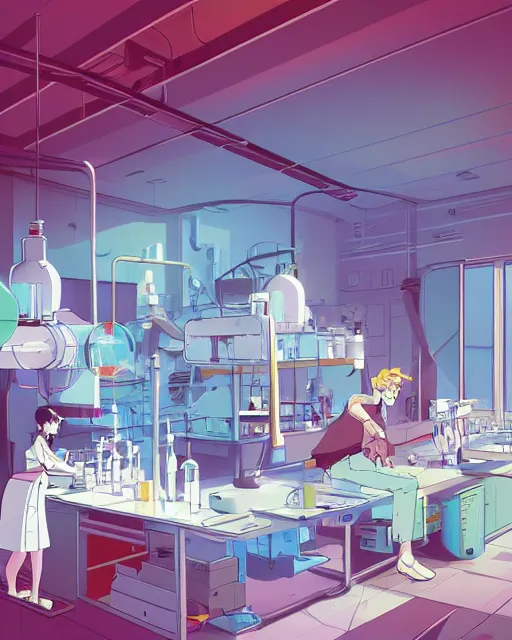 Image similar to science lab. clean cel shaded vector art. illustration art by makoto shinkai and and john berkey