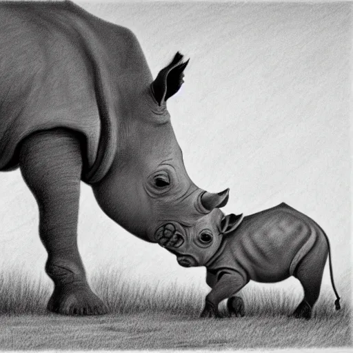 Prompt: pencil drawing of an orphaned baby rhino in the savannah