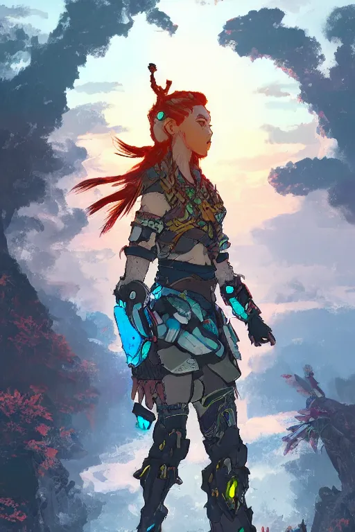 Image similar to combination suit armor aloy horizon forbidden west horizon zero dawn radiating a glowing aura global illumination ray tracing hdr fanart arstation by ian pesty and alena aenami artworks in 4 k tribal robot ninja mask helmet backpack