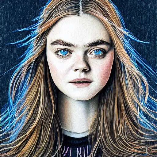 Image similar to professional painting of Elle Fanning in the style of Josan Gonzalez, head and shoulders portrait, symmetrical facial features, smooth, sharp focus, illustration, intricate, stormy weather, extremely detailed masterpiece,