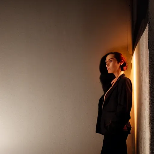 Image similar to noir female detective leans against the wall and lights up,