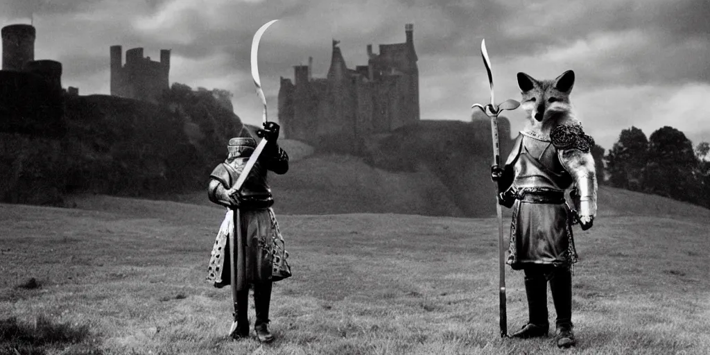 Image similar to anthropomorphic fox who is a medieval knight holding a sword towards a stormy thundercloud 1 9 3 0 s film still, castle in the background