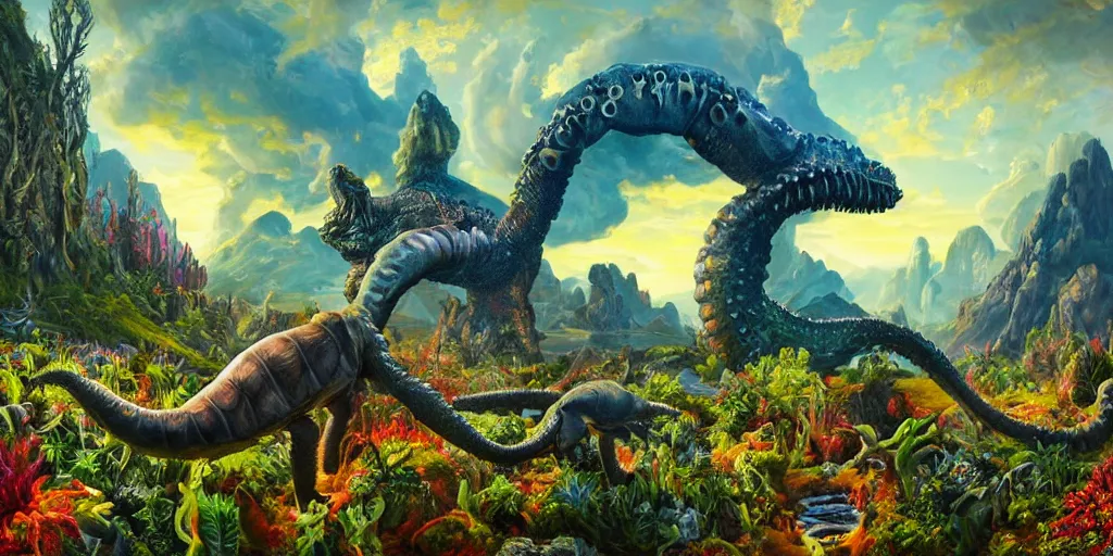 Image similar to fantasy oil painting, great leviathan, cybernetic turtle cephalopod terrapin reptilian pachyderm squid, bella hadid, hybrid, milla jovovich, anubis, epic natural light, lush plants flowers, spectacular mountains, bright clouds, luminous sky, outer worlds, golden hour, michael cheval, edward hopper, michael whelan, vray, hd