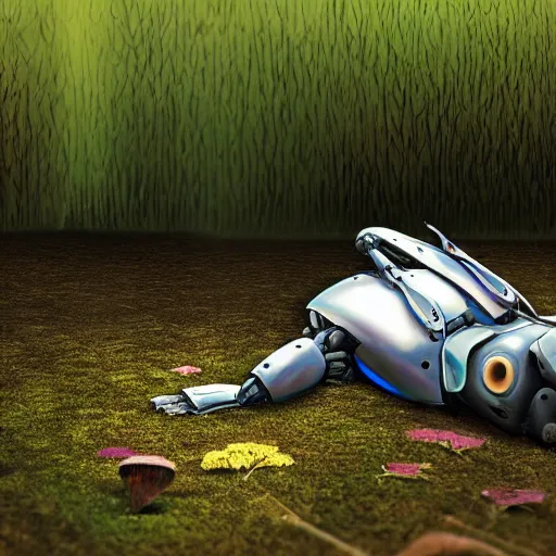 Image similar to A broken robot lays on the ground with plants growing over it, somber,HD, hyper realistic, intricate detail