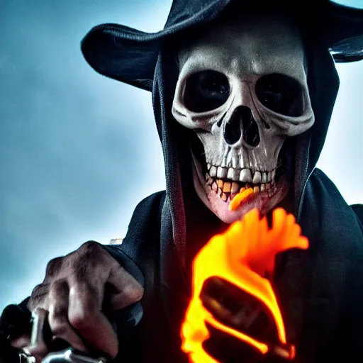 Prompt: closeup photo of : the grim - reaper is a tough old trucker doing a badass pose with chains and revolvers in front of his flaming semi - truck during a lightning - storm. he is sticking up his skeletal middle - finger.