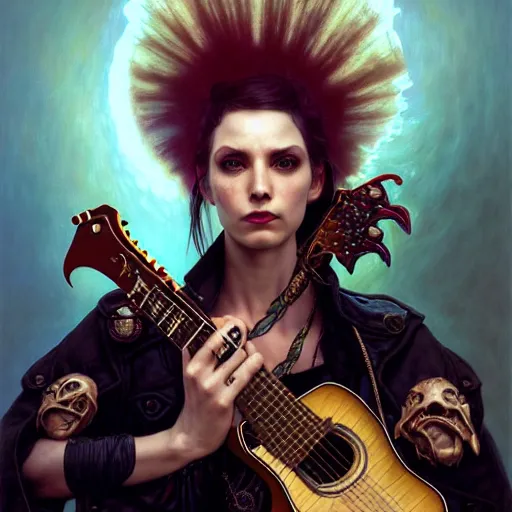 Image similar to portrait painting of a punk snake bard with a guitar, ultra realistic, concept art, intricate details, eerie, highly detailed, photorealistic, octane render, 8 k, unreal engine. art by artgerm and greg rutkowski and charlie bowater and magali villeneuve and alphonse mucha