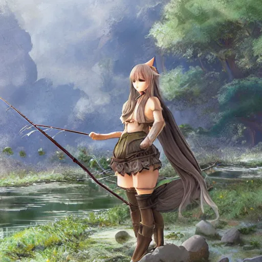 Image similar to y'shtola, final fantasy xiv, fishing in the forest, concept art, highly detailed, catgirl