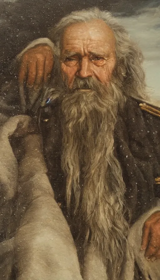 Image similar to Striking portrait of an old weathered sea captain during a storm, oil on canvas, by Richard Foster, by David Cobley, by Anastasia Pollard, highly detailed, dramatic lighting