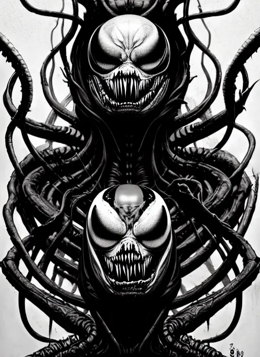 Prompt: a dream portrait of venom as god of the death, black & white, melting, webbing, 8 k, by tristan eaton, stanley artgerm, tom bagshaw, greg rutkowski, carne griffiths, ayami kojima, beksinski, giger, trending on deviantart, face enhance, hyper detailed, minimalist, horror, alien