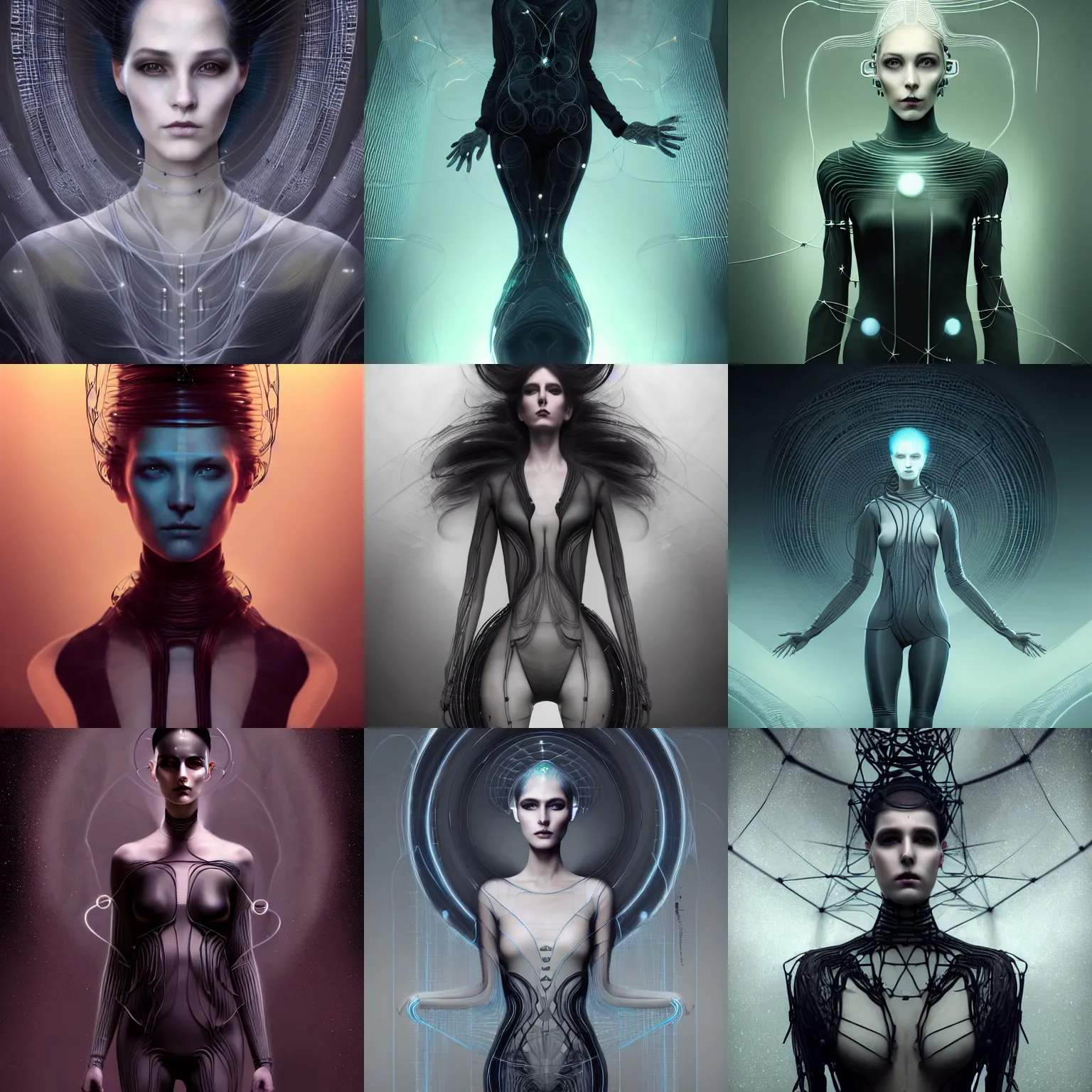 Prompt: charlie bowater and tom bagshaw symmetrical full body character portrait of the borg queen of sentient parasitic flowing ai, floating in a powerful zen state, avant garde fashion model, wearing bodysuit made of wires organic fractal ceramic, ominous beautiful mood, artstation scifi character digital concept art, unreal engine, hyper realism, sharp focus