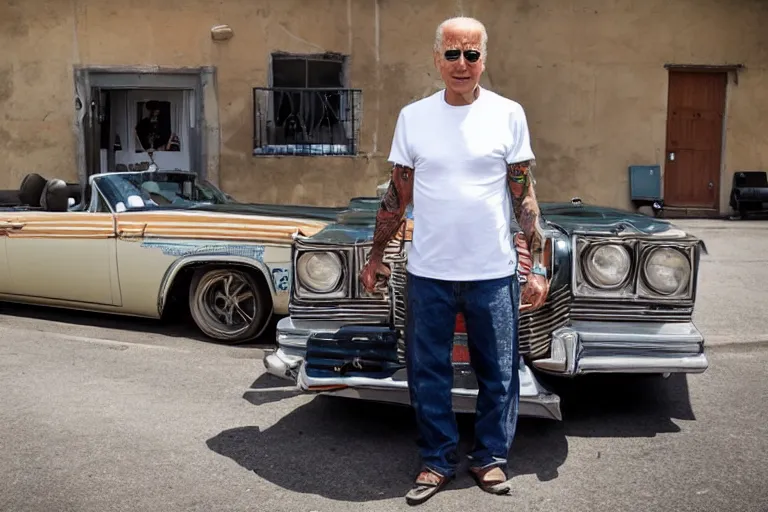 Prompt: biden topless, tatoos, latino, thug life, high quality, standing in front of lowrider